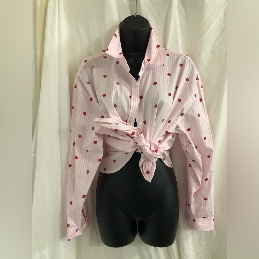 Nine West pink white striped strawberry button down menswear shirt size large - Picture 13 of 16